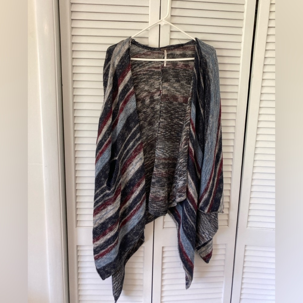 Free People Striped Blue and Red Cotton Linen with Pockets Sweater Serape  OS